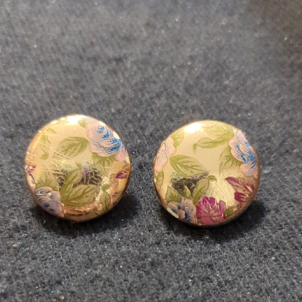 Vintage Gold Tone Pink Blue Green Rose Floral Round Stud Statement Earrings